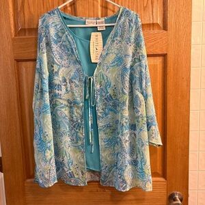 Vtg White Stag Women’s 2 Piece Blouse Set Peacock Plume Teal Paisley 22W 24W NWT